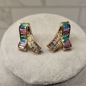 Swarovski Goldtone Cip On Earrings Colourful Crystals